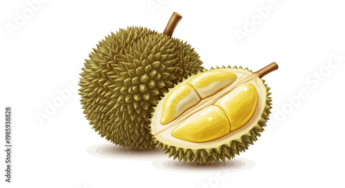 Illustration of a durian fruit, one whole and one halved to expose the yellow flesh, with detailed spiky texture, in a vibrant and inviting style against a white background