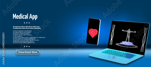 Concept for medical app landing page. Laptop shows DNA and human anatomy, smartphone shows heart rate. Blue background with futuristic design for healthcare and technology promotion