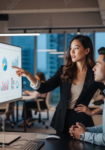 Asian Businesswoman Explaining Work on Screen to Colleague in Modern Office