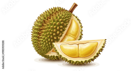 Detailed digital illustration shows a spiky durian fruit with a section cut away to reveal its creamy yellow flesh, set against a clean white background to maintain focus and simplicity