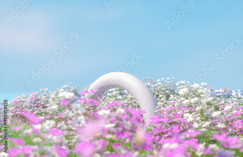 Natural beauty podium backdrop with spring landscape scene. 3d rendering.