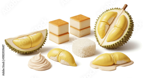 Studio shot features durian halves and segments arranged with rice and cake against a bright white background, creating a vibrant and appetizing display with sharp focus