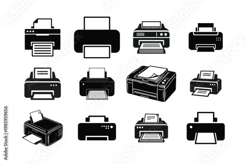 Set of Printer Icons Office Printing Devices and Equipment Isolated on White Background