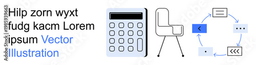 Business tools, workplace productivity, organization, workflow management, education, office design. Calculator, chair process cycle symbols. Business tools workplace productivity