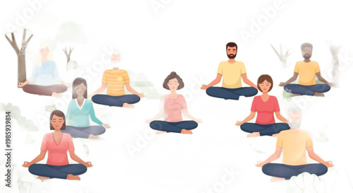 Yoga, meditation, people, sitting, lotus position, illustration, vector, diverse group, mindfulness, wellness