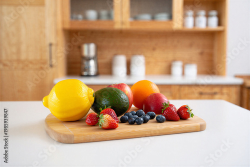 Vibrant fresh fruit arrangement on wooden board with natural lighting wooden cutting board
