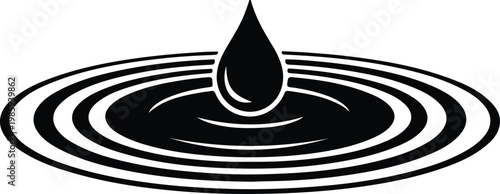 Silhouette liquid drop impact creating spreading ripples in water surface vector design
