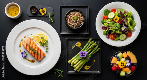Gourmet salmon dinner with fresh salad, grilled asparagus, and fruit medley served elegantly on black plates