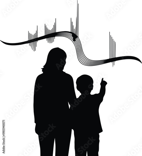 Silhouette mother and child pointing at abstract digital sound wave vector design