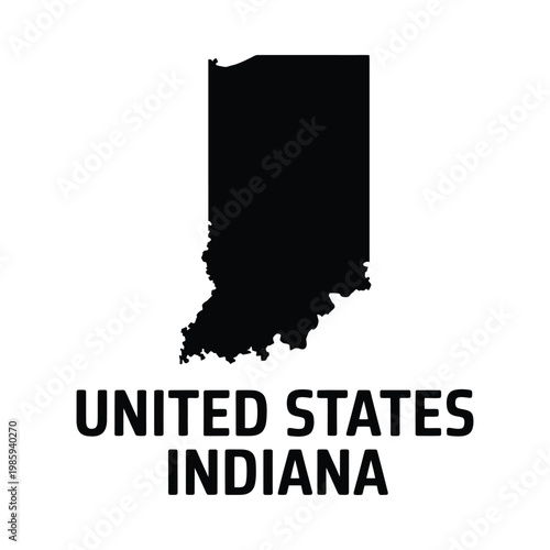 A stark black silhouette of the state of indiana is displayed over white text