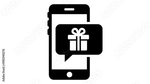 Smartphone icon with gift box notification, mobile marketing and ecommerce concept, isolated on white background