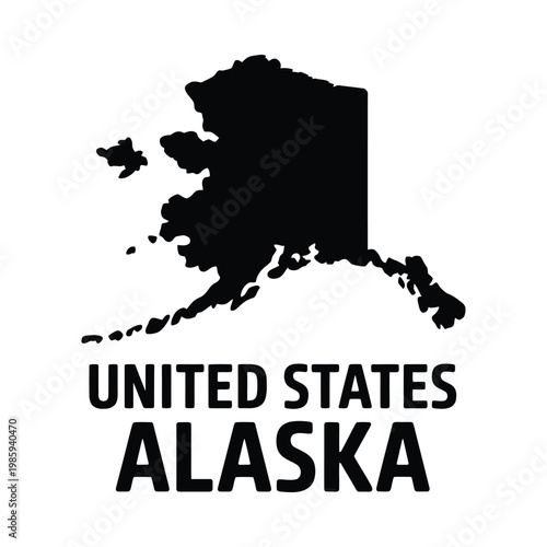 A stark black silhouette of alaska is displayed above the words united states alaska
