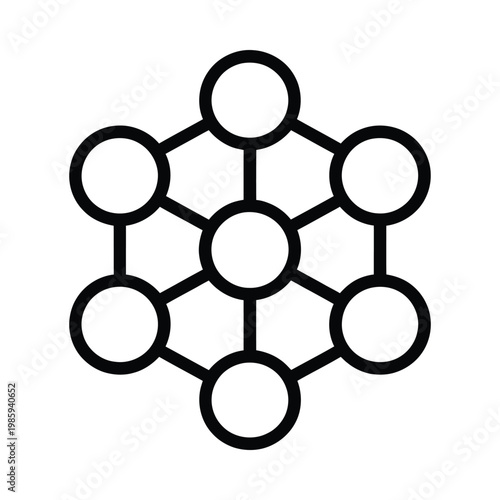 A minimalist black and white illustration depicts a network of interconnected circular nodes high quality