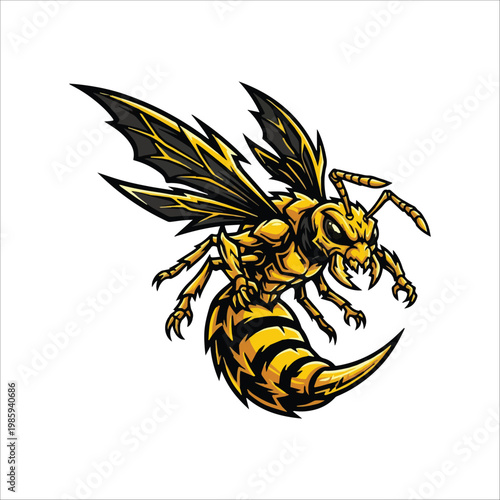 Dynamic yellow and black hornet mascot illustration, showcasing an aggressive insect design with sharp stinger and powerful wings, ideal for sports branding or intense team identity