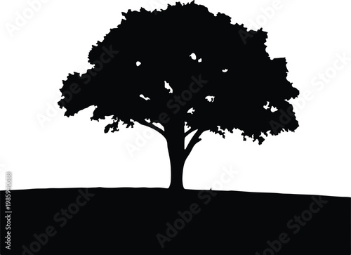 Silhouette of a large leafy tree on a flat horizon vector design