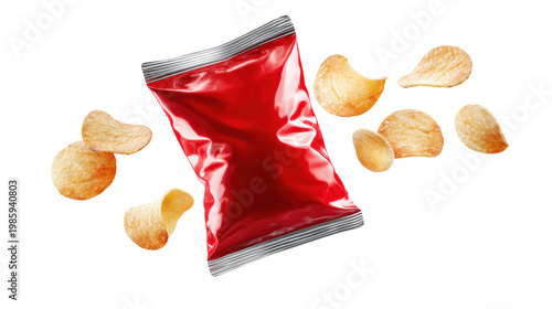 Blank red foil potato chips bag mockup with floating crisps isolated on transparent background