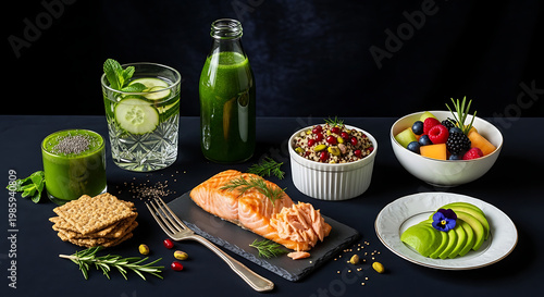Nutritious and balanced meal spread for wellness baked salmon, fresh fruits, wholesome grains, avocado, and detox drinks for a healthy lifestyle