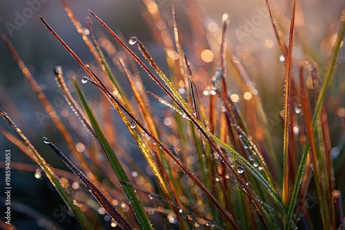Close-up of vibrant grass blades adorned with dew drops, sparkling in warm golden sunlight