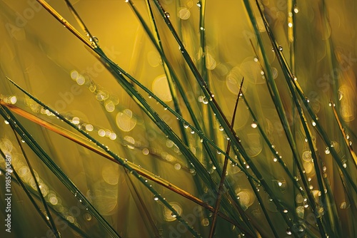 Macro view dew-kissed green grass illuminated by soft golden light and bokeh circles