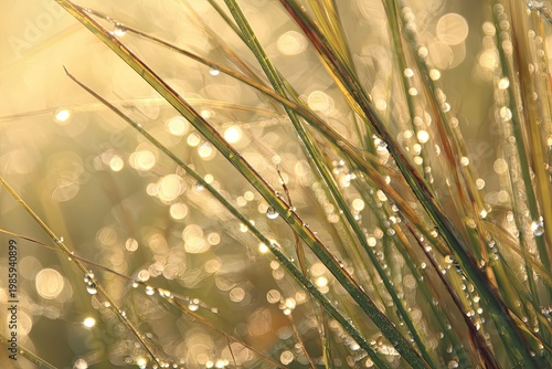 Close-up of dewy grass blades with sparkling water droplets and golden bokeh light