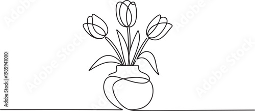 continuous single line drawing of tulips in flower vase, line art vector illustration. one line Icon drawing