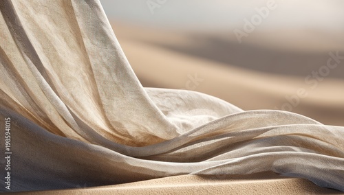 Billowing linen-like fabric flows gracefully against soft desert sand dunes
