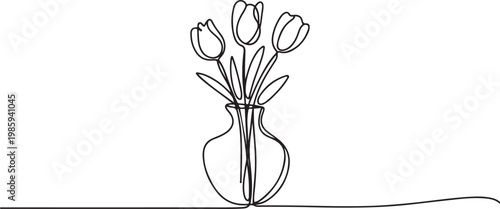 continuous single line drawing of tulips in flower vase, line art vector illustration. one line Icon drawing