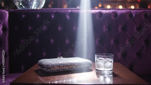 A luxurious clutch rests elegantly on a wooden table, accompanied by a crystal glass filled with sparkling water.