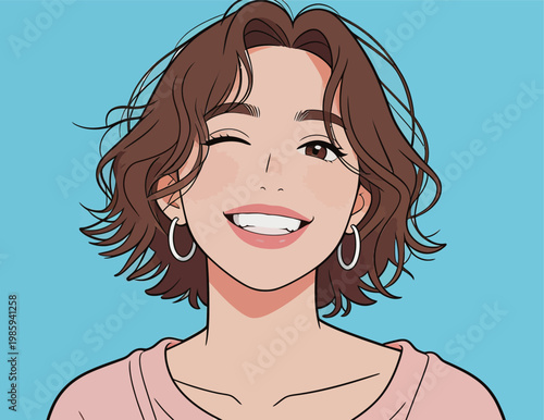 Smiling Woman with Short Curly Hair in Winking Pose