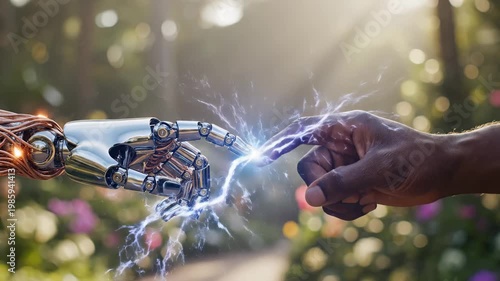 In a captivating moment, a robotic hand reaches towards a human hand, igniting a stunning display of electricity. The lush garden, glowing in warm sunlight, symbolizes harmony.