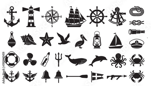 Black and white vector silhouette set of nautical.