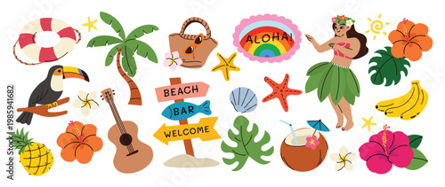 Summer tropical beach aloha vector set with hula dancer, toucan, palm tree, coconut drink, hibiscus flowers, guitar, beach sign and island vacation elements. Hand drawn summer illustration for poster.
