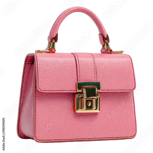 A pink leather handbag with gold hardware on transparent background