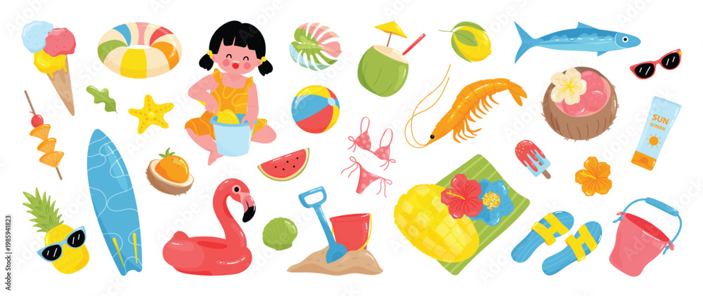 Fototapeta premium Summer beach elements vector set with cute girl, surfboard, flamingo float, tropical fruits, swimsuit, sunscreen and vacation accessories. Hand drawn summer illustration collection for poster, sticker