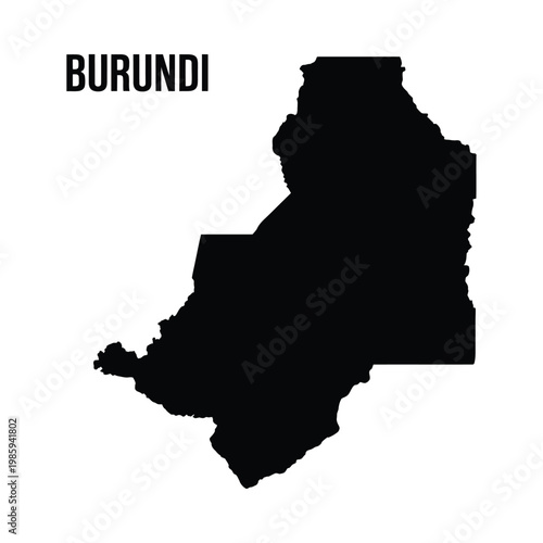 A stark black silhouette depicts the geographical outline of the nation of burundi on white
