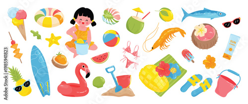 Summer beach elements vector set with cute girl, surfboard, flamingo float, tropical fruits, swimsuit, sunscreen and vacation accessories. Hand drawn summer illustration collection for poster, sticker