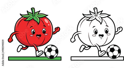 Cute Cartoon Tomato Playing Soccer Character Illustration and Coloring Page Vector Art for Kids