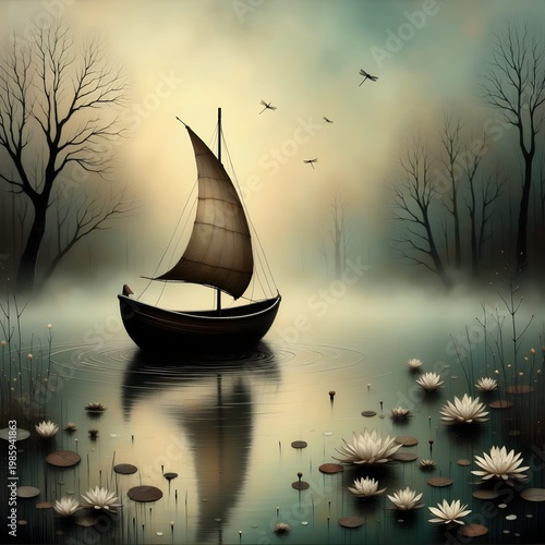 sailboat surrounded by blooming lotus flowers and lily pads 