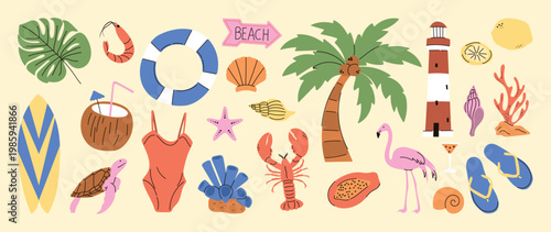 Summer beach elements vector set with palm tree, flamingo, surfboard, lighthouse, swimsuit, float ring, coconut drink and tropical seaside icons. Hand drawn summer illustration collection for poster.