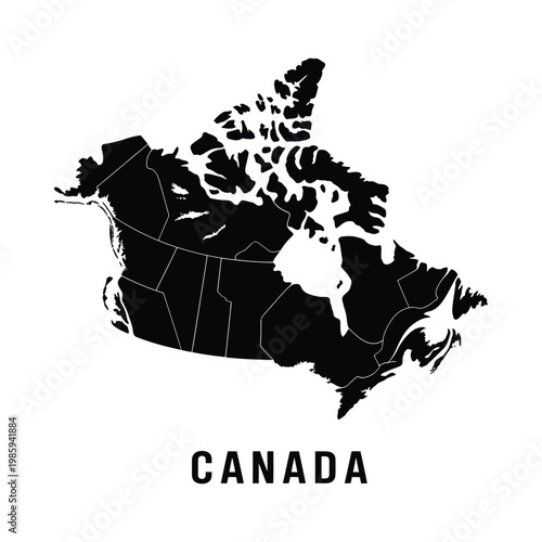 A striking black and white graphic depicts the geographical outline of canada with its provincial boundaries