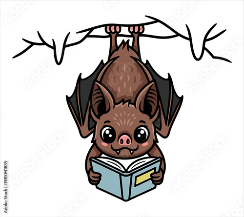 Cute bat hanging upside down reading a book on branch
