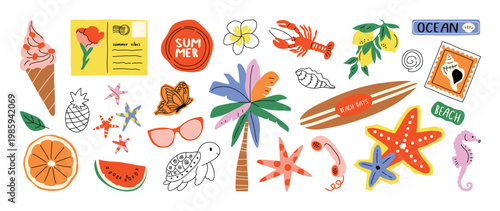 Summer beach elements vector set with palm tree, surfboard, starfish, ice cream, seashell, lemon, lobster, turtle and tropical icons. Hand drawn summer illustration collection for sticker, poster.