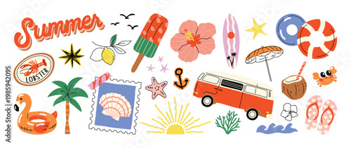 Summer beach vacation doodle icon set