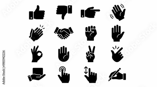 A set of hand icons and silhouette graphics for communication and gestures.