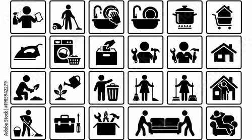A set of silhouette icons depicting people doing household chores and daily activities.