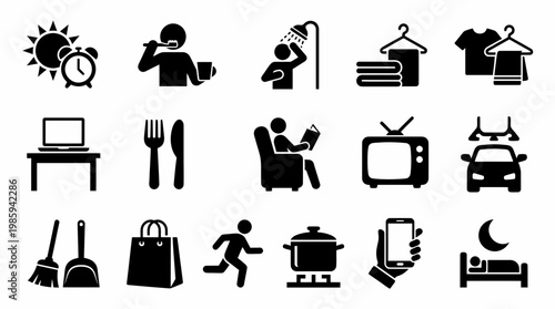 A set of silhouette icons depicting daily life activities and objects in a modern environment.