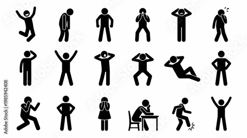 A set of silhouette icons depicting people in various poses and emotions.