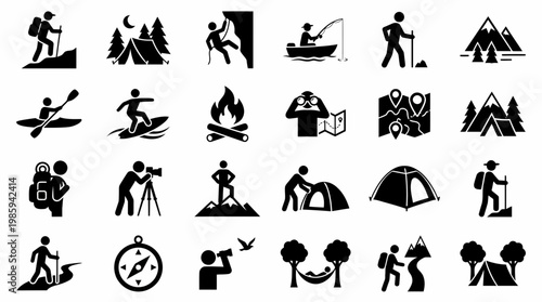 A set of silhouette icons depicting various outdoor activities and camping scenes.