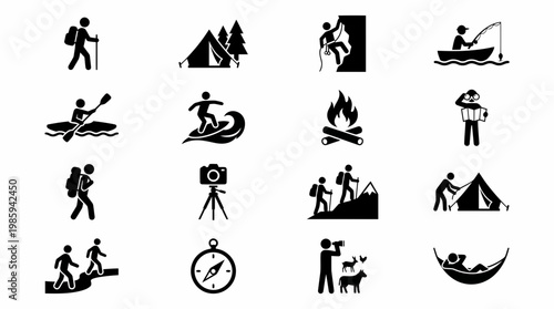 A set of silhouette icons depicting outdoor activities and camping in nature.