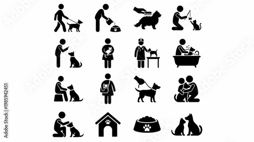 A set of silhouette icons depicting people interacting with pets and animals in various scenarios.